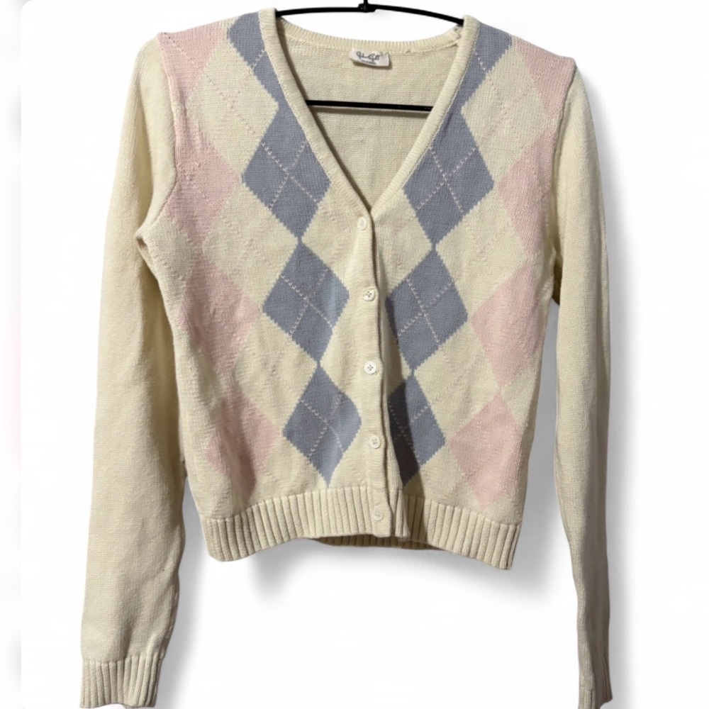 Brandy Melville J.Galt Argyle Cardigan Cream Pink Blue Cropped XXS